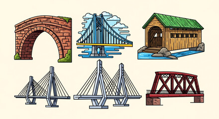 Collection of various bridge illustrations, showcasing different architectural styles and construction techniques