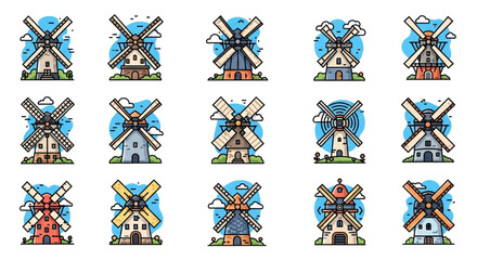 Collection of windmills in various styles traditional dutch architecture, rural landscape, and renewable energy sources