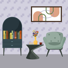 An interior with modern furniture. A bookcase, an armchair, and a table. A vase of flowers. A painting on the wall. A fragment of the living room. Vector illustration