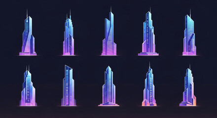 A futuristic cityscape with various modern building designs, showcasing a collection of sleek and innovative architectural concepts for urban development