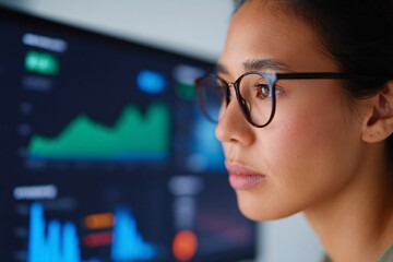 Businesswoman analyzing digital cybersecurity data and trends