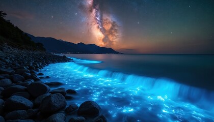 Blue glowing waves crash on rocky shore under Milky Way galaxy. Starry night sky reflects on calm ocean water. Coastal landscape displays natural bioluminescence phenomenon.