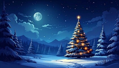 This is a digital illustration of a serene winter night scene. A glowing Christmas tree, adorned with warm yellow lights, stands prominently in the center, surrounded by snow-covered pine trees. The s