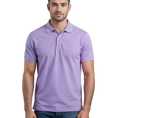 Obraz premium A man wearing a lavender polo shirt, captured in a studio portrait. He exudes a modern style and casual elegance.
