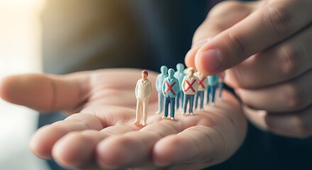 Businessman's hand choosing a talented employee from a group of dismissed people for a new job