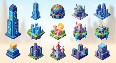 Isometric city buildings set cartoon skyscrapers, castles and temples urban architecture elements for game design