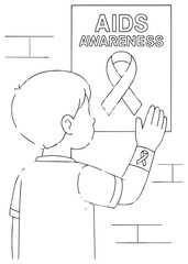 coloring book boy placing AIDS AWARENESS poster on wall, school campaign line art