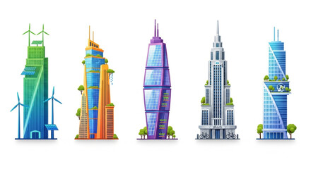 Modern eco skyscrapers futuristic green city buildings with wind turbine and solar panel smart architecture concept