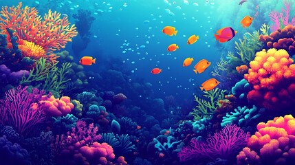 Fototapeta premium Vibrant Coral Reef Teeming with Colorful Tropical Fish in the Underwater Ocean Ecosystem