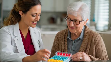 Female doctor explaining a weekly pill organizer to a smiling senior woman at home