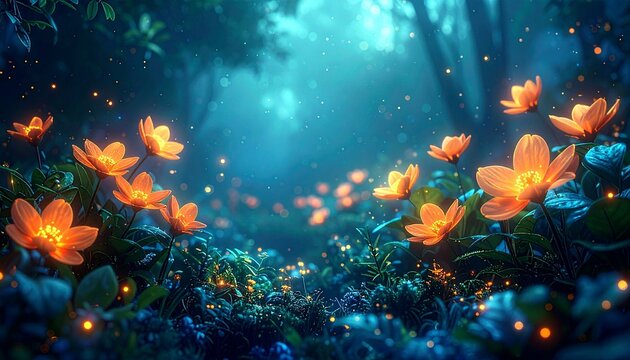 This digital artwork depicts a mystical forest at twilight. The scene is bathed in ethereal blue light, with glowing, luminescent orange flowers scattered throughout lush, dark green foliage. The back