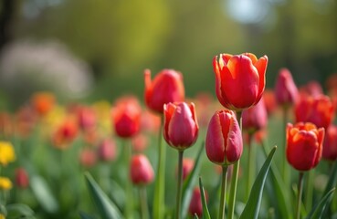 Obraz premium Red parrot tulips with yellow accents bloom in a lush green garden on a sunny spring day. Many colorful flowers fill field. Soft focus background.