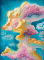 Naklejka premium oil pastel hand drawing of multicolored clouds on blue sky background, kraft paper