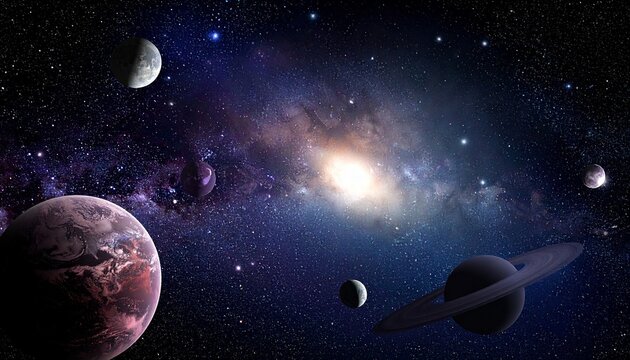 This is a digital CGI image depicting the solar system. The Milky Way galaxy, with its dense star clusters and dark dust lanes, forms the cosmic backdrop. To the right, Jupiter's rings and Great Red S