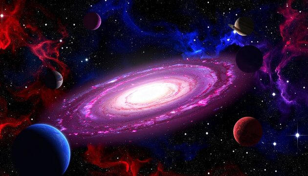 This is a digital illustration of a vibrant, cosmic scene featuring a swirling galaxy at the center, emitting bright white light. Surrounding the galaxy are various planets in different stages of orbi