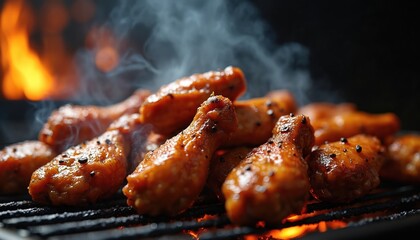 Grilled chicken wings smoking on barbecue grill. Close up shot shows tasty fried meat pieces. Barbecue with fire flames and smoke. Delicious meal at outdoor picnic.