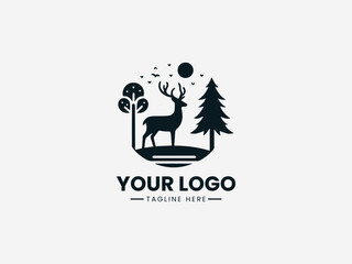 Fototapeta premium Pine tree moose vector logo showing wild forest animal standing in natural woodland landscape
