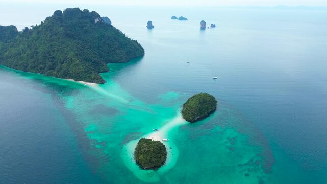 The beautiful islands of Krabi Province in southern Thailand. The Thale Waek Islands with their sandy isthmuses, a drone view of the popular tourist islands in southern Thailand.