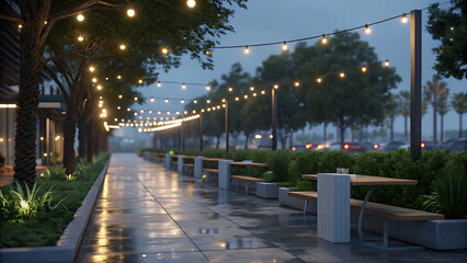 Rainy evening pathway lined with trees and string lights