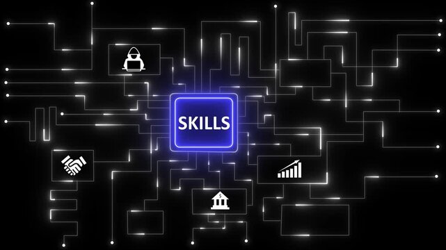 Abstract electronic board with blue neon square displaying Skills, Smart network and data communication concept, Futuristic computer system and electronic design.