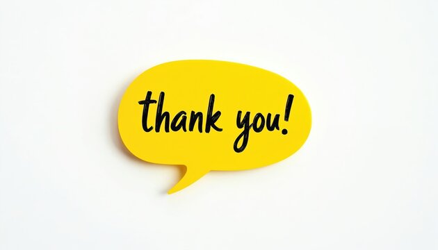 Bright yellow speech bubble graphic with black handwritten text saying thank you. A simple, cheerful digital message of appreciation and gratitude for sharing online.