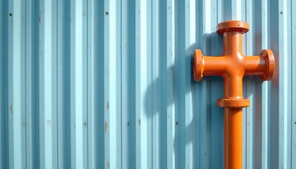Obraz premium Orange metal pipe cross attached to blue corrugated metal wall. Pipe flanges, downpipe. Industrial plumbing equipment on weathered metallic surface, industrial design. Metallic texture, structure.