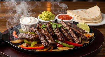 Sizzling steak fajitas with guacamole salsa and tortillas
