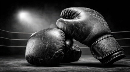 Dramatic close up of vintage boxing gloves in a dimly lit arena
