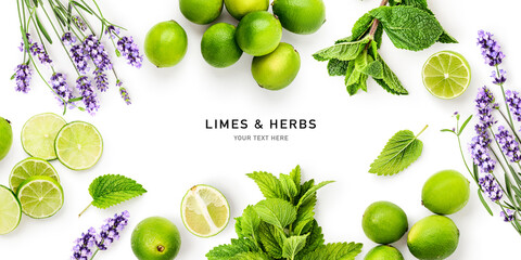 Limes and fresh herbs flat lay composition frame isolated on white background. Lifestyle design