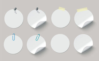 Vector white realistic round paper adhesive stickers set with curved corner and pins, clips, and adhesive tape on transparent background.