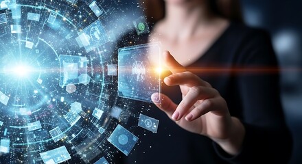 Woman interacting with futuristic digital interface and data visualization