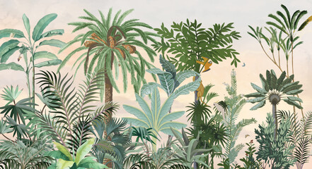 Mughal Garden Arch Plant Peacock Illustration, Tropical Wall Mural, Mughal Wallpaper. © Sharif