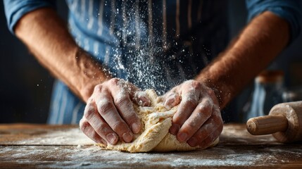 A man is kneading dough on a table