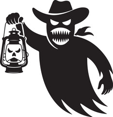 Fototapeta premium Menacing spectral cowboy apparition holding an antique illuminated lantern, a shadowy phantom figure emerges from darkness