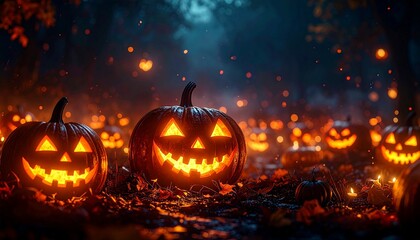 Photograph of a spooky, dark forest at night with glowing jack-o'-lanterns scattered along a path. The pumpkins have carved triangular eyes and jagged, toothy grins, emitting a warm, eerie orange ligh