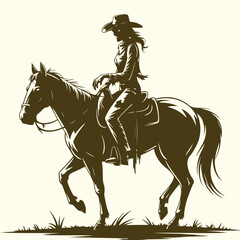 Fototapeta premium Classic Western silhouette of a cowgirl riding her majestic horse through a field