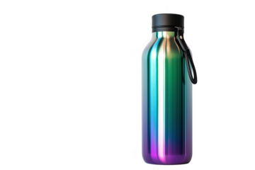 Iridescent metal water bottle with black cap isolated on a transparent background
