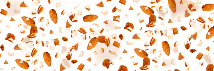 Crushed almonds falling isolated, flying nut pieces, levitate scattered almond seeds