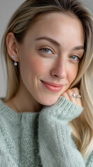 Junge Frau mit blauen Augen in mintgrünem Strickpullover blickt über verschränkte Hände