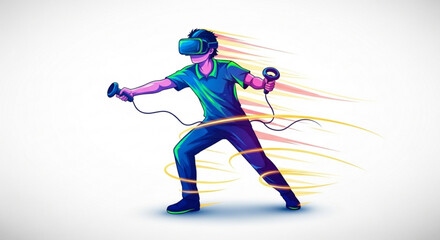 Virtual reality gaming experience man with vr headset and controllers motion blur vector illustration