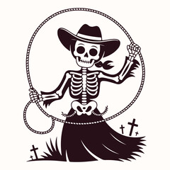 Skeleton Cowgirl With Lasso And Gravestones rope