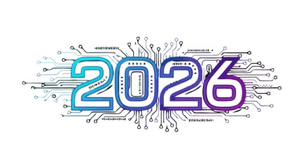 Fototapeta premium The year 2026 depicted with digital circuit board pattern, symbolizing technology and innovation