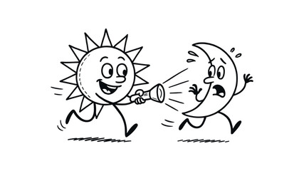 Obraz premium doodle illustration of the sun chasing the moon with flashlight clean black and white line art with slightly hand drawn strokes gentle motion lines and funny surreal humor simple and lively