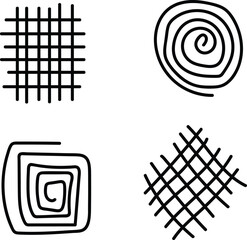 Black lines, grid, spiral, and swirling pattern collection. 