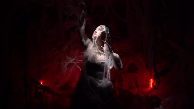 Dramatic mysterious witch or vampire woman dancing trapped in spiderwebs on dark background. Halloween fantasy horror scene.