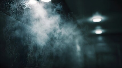Naklejka premium Atmospheric steam or mist disperses in a dark tiled interior with soft overhead lighting
