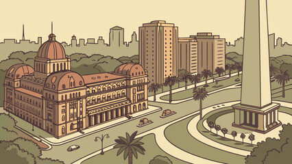 Illustration of a city with a large building, an obelisk, and skyscrapers in the background with cars