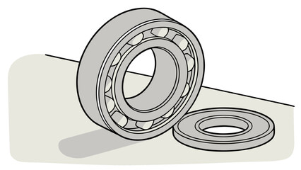 A detailed illustration of a ball bearing with a separate ring on a light gray surface area