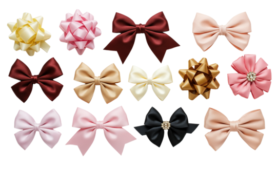 A flat lay of multiple decorative ribbon bows in different colors and shapes