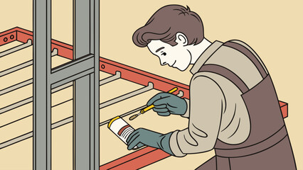 Man painting metal frame with a brush while wearing gloves and an apron in a workshop setting indoors